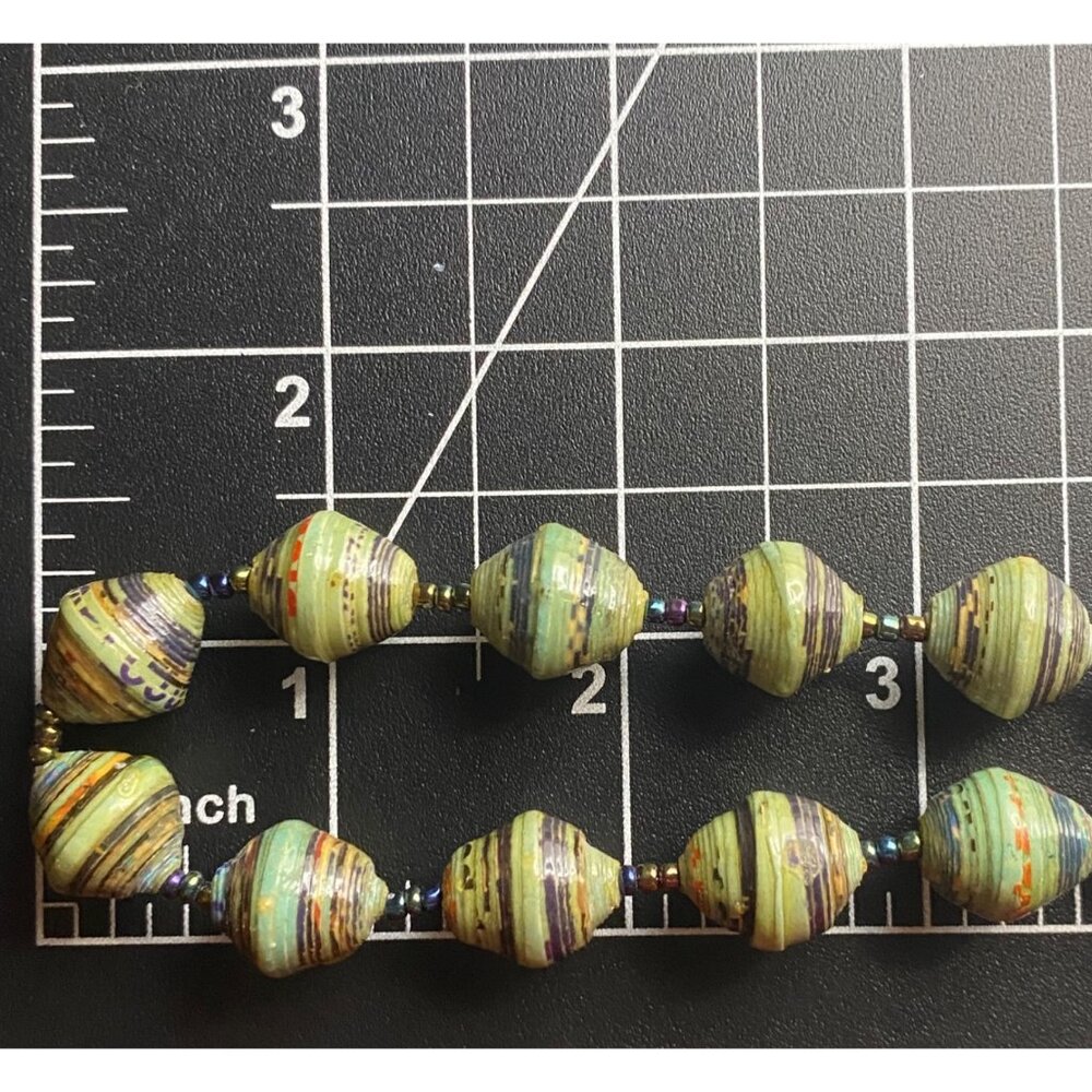 Vintage 34" Paper Glass Bead Necklace Barrel Closure Multicolor Striped Design - Picture 9 of 9